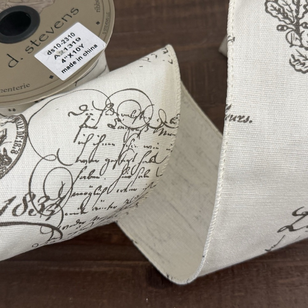 D. Stevens 4" Wired Ribbon Cream Brown Script Floral Christmas French Country - Picture 8 of 10
